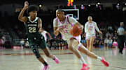 Southern California Trojans guard JuJu Watkins (12) dribbles the ball against Michigan State Spartans guard Nyla Hampton (22) in the first half at Galen Center.