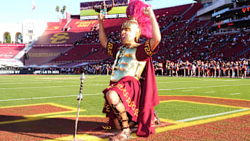 Oct 21, 2023; Los Angeles, California, USA; Southern California Trojans drum major mascot Tommy Trojan during the game against the Utah Utes at United Airlines Field at Los Angeles Memorial Coliseum. Mandatory Credit: Kirby Lee-Imagn Images