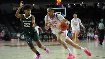 Southern California Trojans guard JuJu Watkins (12) dribbles the ball against Michigan State Spartans guard Nyla Hampton (22) in the first half at Galen Center.