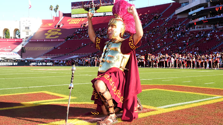 Oct 21, 2023; Los Angeles, California, USA; Southern California Trojans drum major mascot Tommy Trojan during the game against the Utah Utes at United Airlines Field at Los Angeles Memorial Coliseum. Mandatory Credit: Kirby Lee-Imagn Images