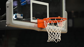 Mar 21, 2024; Spokane, WA, USA; A backboard and rim with the March Madness logo at Spokane Veterans Memorial Arena. Mandatory Credit: Kirby Lee-Imagn Images