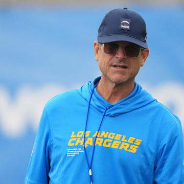 Los Angeles Chargers coach Jim Harbaugh at training camp at The Bolt. 