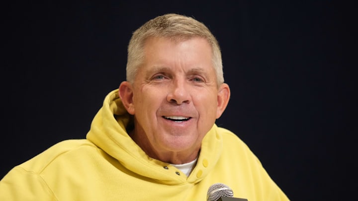 Feb 25, 2025; Indianapolis, IN, USA; Denver Broncos coach Sean Payton speaks during the NFL Scouting Combine at the Indiana Convention Center. Mandatory Credit: Kirby Lee-Imagn Images