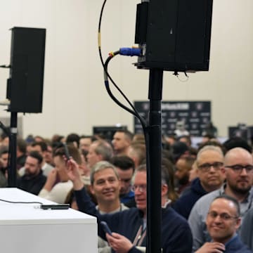 Feb 25, 2025; Indianapolis, IN, USA; New York Giants general manager Joe Schoen speaks during the NFL Scouting Combine at the Indiana Convention Center.  