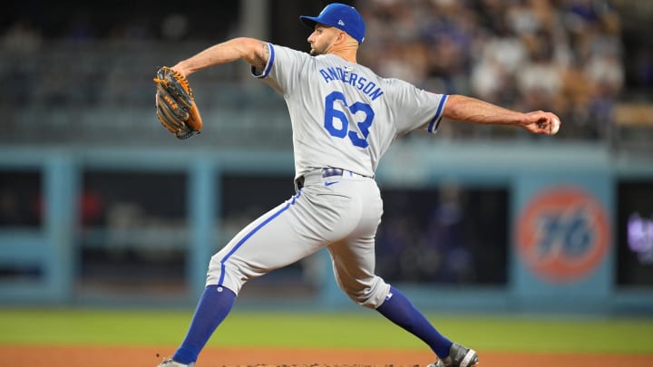 Jun 15, 2024; Los Angeles, California, USA; Kansas City Royals relief pitcher Nick Anderson (63) throws in the ninth inning against the Los Angeles Dodgers at Dodger Stadium. Mandatory Credit: Kirby Lee-USA TODAY Sports