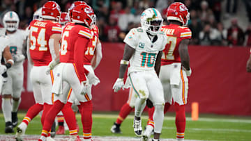 Nov 5, 2023; Frankfurt, Germany; Miami Dolphins wide receiver Tyreek Hill (10) celebrates after a reception against the Kansas City Chiefs during an NFL International Series game at Deutsche Bank Park. Mandatory Credit: Kirby Lee-Imagn Images
