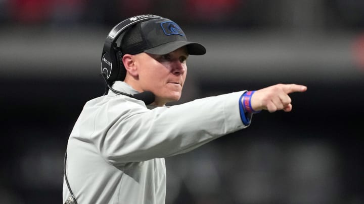 Dec 2, 2023; Las Vegas, NV, USA; Boise State Broncos head coach Spencer Danielson gestures in the second half against the UNLV Rebels during the Mountain West Championship at Allegiant Stadium. Mandatory Credit: Kirby Lee-USA TODAY Sports