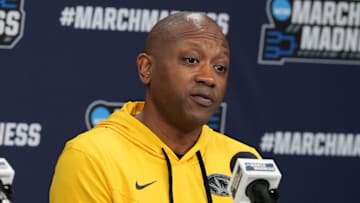 Missouri Tigers head coach Dennis Gates talks with the media, before a NCAA Tournament practice last season.