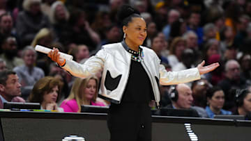 Apr 7, 2024; Cleveland, OH, USA; South Carolina Gamecocks head coach Dawn Staley reacts during the 2024 NCAA Tournament Women's Final Four championship game against the Iowa Hawkeyes at Rocket Mortgage FieldHouse.  Mandatory Credit: Kirby Lee-Imagn Images