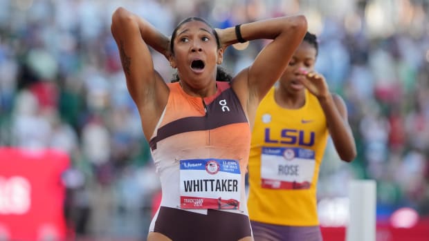 Juliette Whittaker reacts after placing third in the women's 800m 