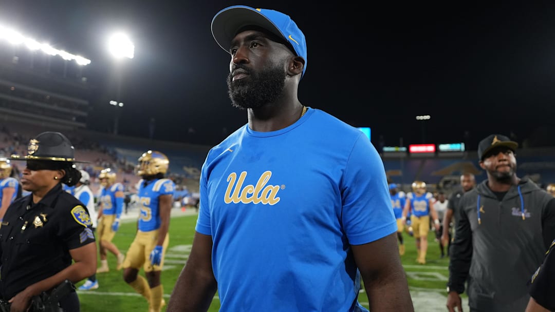 Sep 14, 2024; Pasadena, California, USA; UCLA Bruins head coach DeShaun Foster reacts after the game against the Indiana Hoosiers at Rose Bowl. Mandatory Credit: Kirby Lee-Imagn Images
