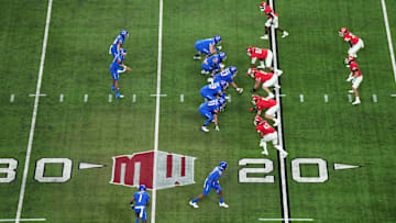 A general overall view as Boise State Broncos quarterback Taylen Green (10) prepares to take the snap against the UNLV Rebels on the Mountain West conference logo in the first half during the Mountain West Championship at Allegiant Stadium. Mandatory Credit: Kirby Lee-Imagn Images
