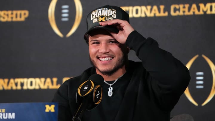 Jan 9, 2024; Houston, TX, USA; Michigan Wolverines running back Blake Corum during College Football National Championship press conference at JW Marriot Houston by the Galleria. Mandatory Credit: Kirby Lee-USA TODAY Sports