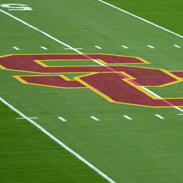 Sep 2, 2023; Los Angeles, California, USA; The Southern California Trojans logo at midfield at United Airlines Field at Los Angeles Memorial Coliseum. Mandatory Credit: Kirby Lee-USA TODAY Sports