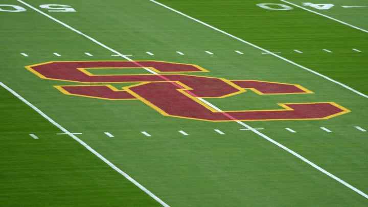 Sep 2, 2023; Los Angeles, California, USA; The Southern California Trojans logo at midfield at United Airlines Field at Los Angeles Memorial Coliseum. Mandatory Credit: Kirby Lee-USA TODAY Sports