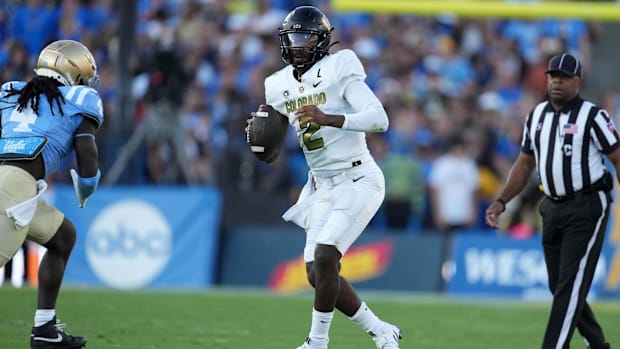 Oct 28, 2023; Pasadena, California, USA; Colorado Buffaloes quarterback Shedeur Sanders (2) throws the ball against the UCLA Oct 28, 2023; Pasadena, California, USA; Colorado Buffaloes quarterback Shedeur Sanders (2) throws the ball against the UCLA