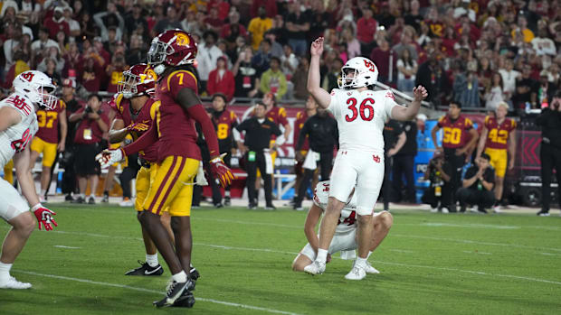 Oct 21, 2023; Los Angeles, California, USA; Utah Utes place kicker Cole Becker (36) kicks a 38-yard field goal out of the hol