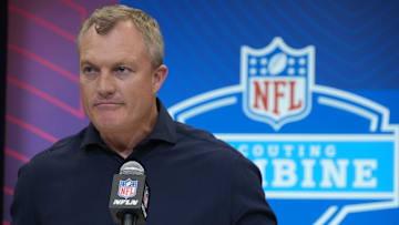 Feb 27, 2025; Indianapolis, IN, USA; San Francisco 49ers general manager John Lynch speaks during the 2025 NFL Scouting Combine at the Indiana Convention Center. Mandatory Credit: Kirby Lee-Imagn Images