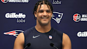 Oct 18, 2024; London, United Kingdom; New England Patriots defensive end Jotham Russell at press conference at the Harrow School. Mandatory Credit: Kirby Lee-Imagn Images
