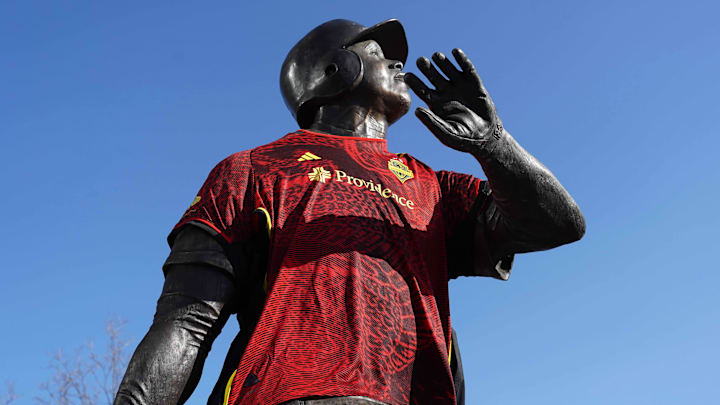 Mar 18, 2023; Seattle, Washington, USA; A statue of Ken Griffey Jr. with a Bruce Lee kit Seattle Sounders FC jersey at T-Mobile Park. Mandatory Credit: Kirby Lee-Imagn Images