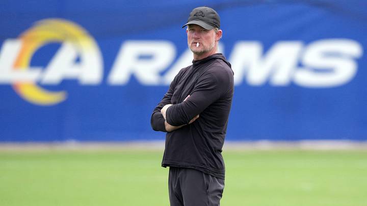 May 28, 2025; Woodland Hills, CA, USA; Los Angeles Rams general manager Les Snead reacts during organized team activities at Rams Practice Facility. Mandatory Credit: Kirby Lee-Imagn Images