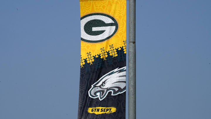 A street banner at Arena Corinthians aka Neo Química Arena promoting the 2024 NFL Sao Paolo game