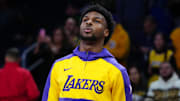 Mar 17, 2025; Los Angeles, California, USA; Los Angeles Lakers guard Bronny James during the game against the San Antonio Spurs at the Crypto.com Arena. Mandatory Credit: Kirby Lee-Imagn Images