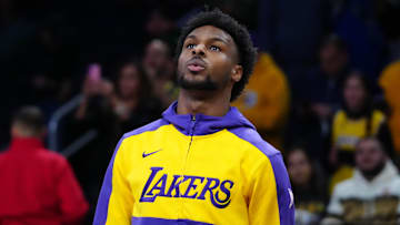 Mar 17, 2025; Los Angeles, California, USA; Los Angeles Lakers guard Bronny James during the game against the San Antonio Spurs at the Crypto.com Arena. Mandatory Credit: Kirby Lee-Imagn Images