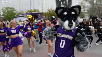 Mar 14, 2024; Las Vegas, NV, USA; Washington Huskies mascot Harry the Husky at a pep rally at T-Mobile Arena. Mandatory Credit: Kirby Lee-Imagn Images