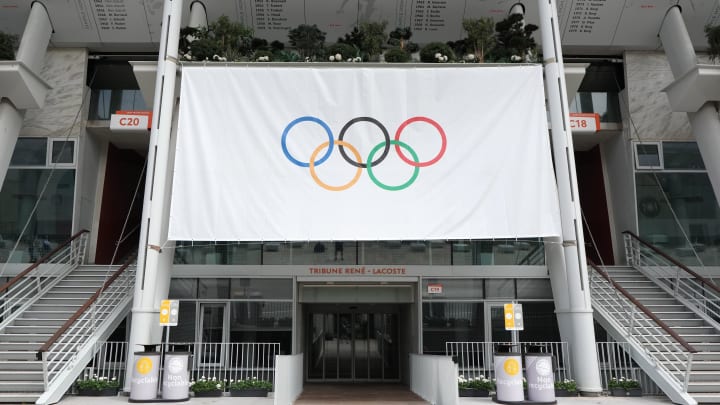 Jul 23, 2024, Paris, France; The Olympic rings logo at the Stade Roland Garros, the tennis venue for the 2024 Paris Olympics. 