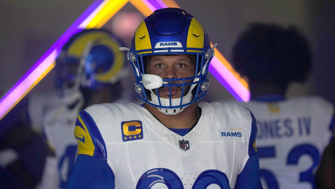 Dec 3, 2023; Inglewood, California, USA; Los Angeles Rams defensive tackle Aaron Donald (99) enters the field before the game against the Cleveland Browns at SoFi Stadium. Mandatory Credit: Kirby Lee-Imagn Images