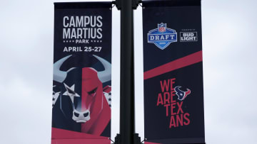 Apr 24, 2024; Detroit, MI, USA; A Houston Texans banner on E. Montcalm St. promoting the 2024 NFL