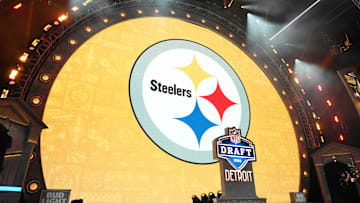 Apr 25, 2024; Detroit, MI, USA; A Pittsburgh Steelers logo during the 2024 NFL Draft at Campus Martius Park and Hart Plaza. Mandatory Credit: Kirby Lee-Imagn Images