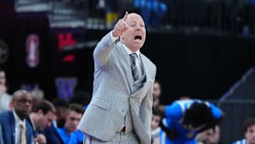 Mar 14, 2024; Las Vegas, NV, USA; UCLA Bruins head coach Mick Cronin reacts against the Oregon Ducks in the first half at T-Mobile Arena. Mandatory Credit: Kirby Lee-Imagn Images