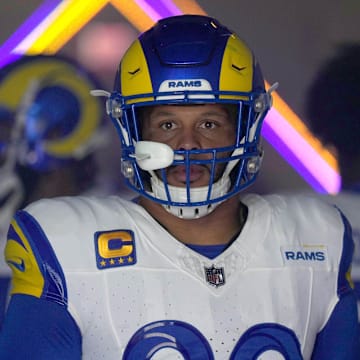 Dec 3, 2023; Inglewood, California, USA; Los Angeles Rams defensive tackle Aaron Donald (99) enters the field before the game against the Cleveland Browns at SoFi Stadium. Mandatory Credit: Kirby Lee-Imagn Images