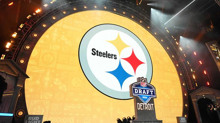 Apr 25, 2024; Detroit, MI, USA; A Pittsburgh Steelers logo during the 2024 NFL Draft at Campus Martius Park and Hart Plaza. Mandatory Credit: Kirby Lee-Imagn Images