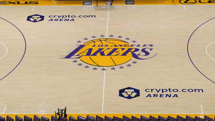 Dec 18, 2023; Los Angeles, California, USA; The Los Angeles Lakers logo at center court at the Crypto.com Arena. Mandatory Credit: Kirby Lee-USA TODAY Sports