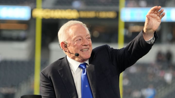 Oct 16, 2023; Inglewood, California, USA; Dallas Cowboys owner Jerry Jones on the ESPN Monday Night Football Countdown set at SoFi Stadium. 