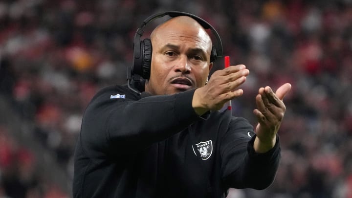 Nov 26, 2023; Paradise, Nevada, USA; Las Vegas Raiders interim coach Antonio Pierce during the first half against the Kansas City Chiefs at Allegiant Stadium. Mandatory Credit: Kirby Lee-USA TODAY Sports