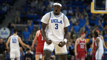 Feb 18, 2024; Los Angeles, California, USA; UCLA Bruins forward Adem Bona (3) reacts against the Utah Utes in the first half at Pauley Pavilion presented by Wescom. Mandatory Credit: Kirby Lee-USA TODAY Sports