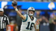 Oct 16, 2022; Inglewood, California, USA; Carolina Panthers quarterback Jacob Eason (16) throws the ball in the fourth quarter against the Los Angeles Rams at SoFi Stadium. Mandatory Credit: Kirby Lee-USA TODAY Sports