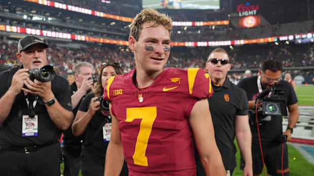 Southern California Trojans quarterback Miller Moss (7) reacts after the game against the LSU Tigers at Allegiant Stadium