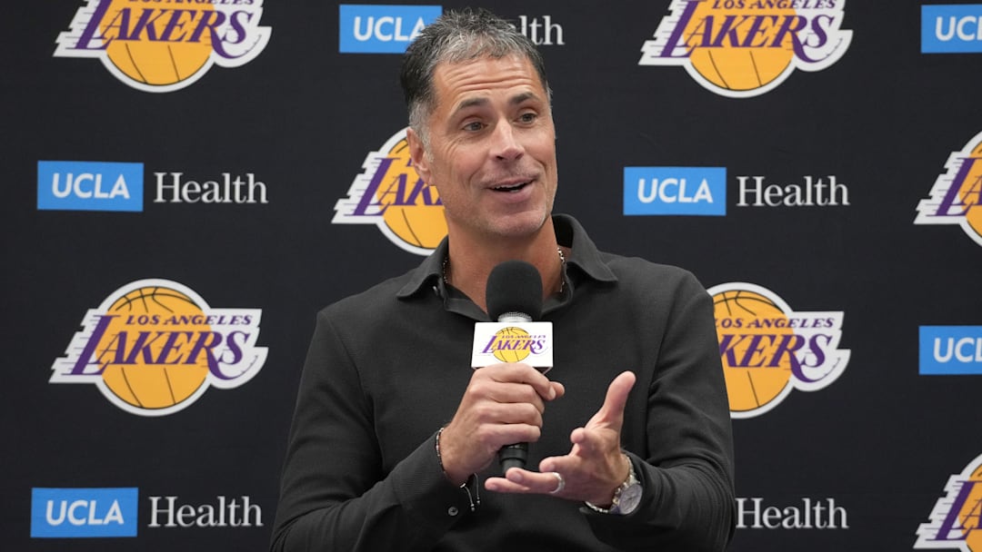 Sep 25, 2024; El Segundo, CA, USA; Los Angeles Lakers general manager Rob Pelinka at press conference at UCLA Health Training Center.