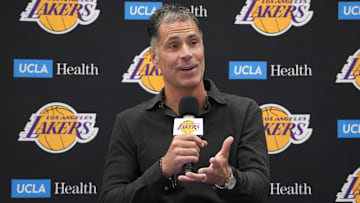 Sep 25, 2024; El Segundo, CA, USA; Los Angeles Lakers general manager Rob Pelinka at press conference at UCLA Health Training Center.