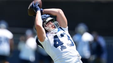 Jul 27, 2023; Oxnard, CA, USA; Dallas Cowboys fullback Hunter Luepke (43) wears a Guardian helmet cap during training camp at Marriott Residence Inn-River Ridge Playing Fields. 