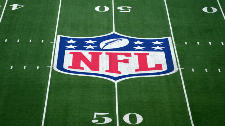 Oct 15, 2023; London, United Kingdom; The NFL Shield logo at midfeld during an NFL International