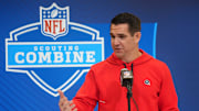 Feb 25, 2025; Indianapolis, IN, USA; New York Giants general manager Joe Schoen sspeaks during the NFL Scouting Combine at the Indiana Convention Center. Mandatory Credit: Kirby Lee-Imagn Images