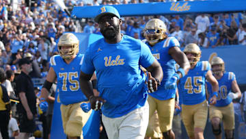 Sep 14, 2024; Pasadena, California, USA; UCLA Bruins head coach DeShaun Foster enters the field before the game against the Indiana Hoosiers at Rose Bowl. Mandatory Credit: Kirby Lee-Imagn Images