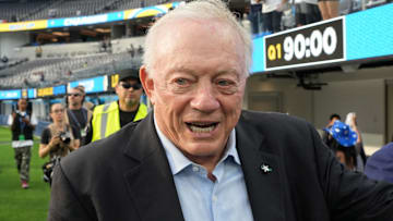 Dallas Cowboys owner Jerry Jones reacts before the game against the Los Angeles Chargers at SoFi Stadium.