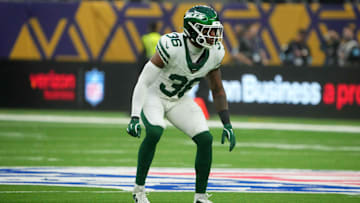 Oct 6, 2024; London, United Kingdom; New York Jets safety Chuck Clark (36) against the Minnesota Vikings in the second half at Tottenham Hotspur Stadium. Mandatory Credit: Kirby Lee-Imagn Images